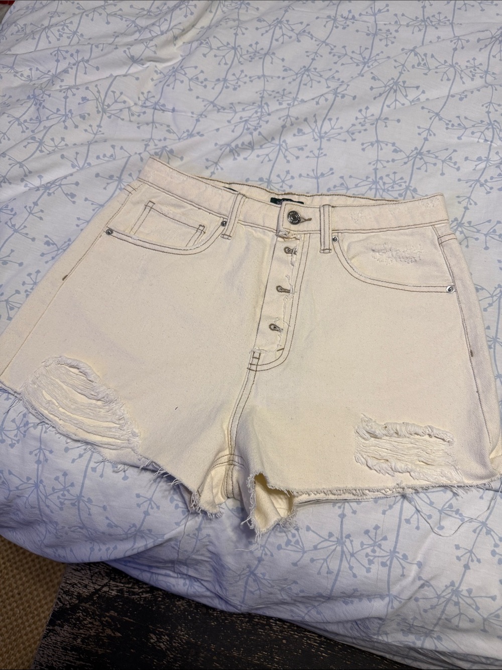 wild fable Cream Distressed High-Rise Button-Fly Denim Shorts